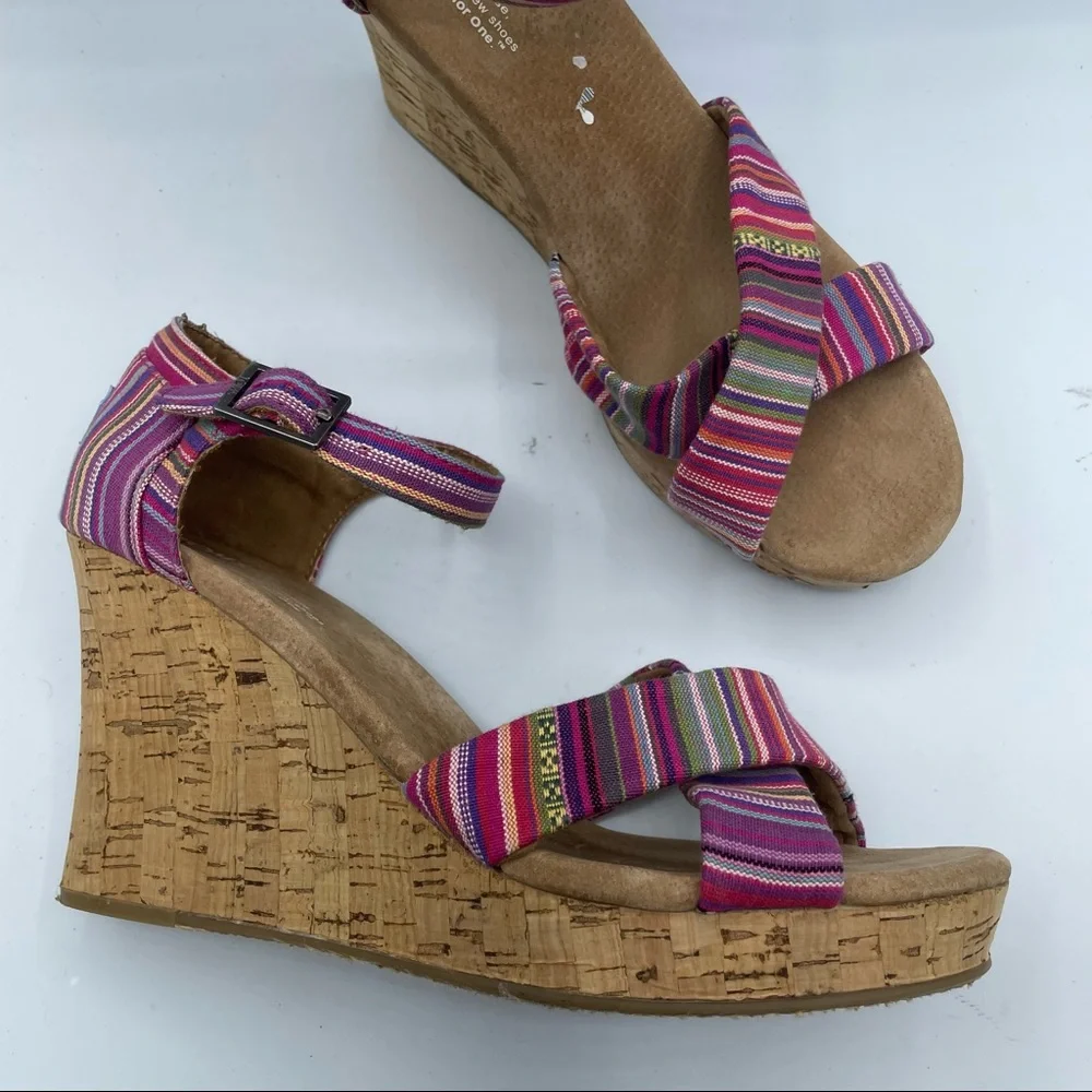 Toms Pink Striped Chunky Cork Wedge Sandals 10 W